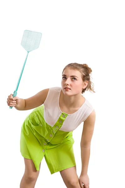 Donna con mosca swatter — Foto Stock