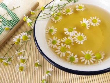 Bath essence with chamomile flowers clipart