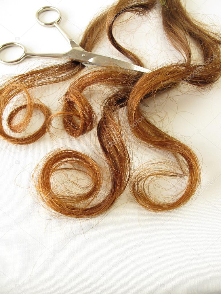Genuine chestnut-brown hair and a scissors