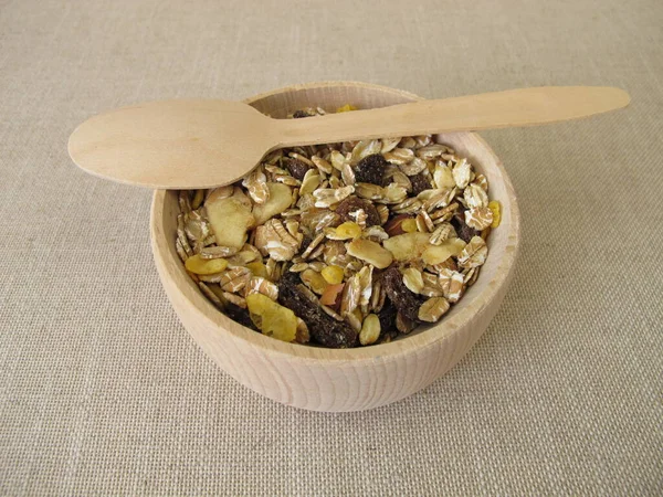 Fruit Muesli Whole Grain Flakes Dried Fruits Wooden Bowl — Stock Photo, Image