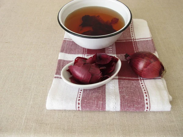 Farbstoff Roter Sud Aus Roter Zwiebelschale Einer Schüssel — Stockfoto