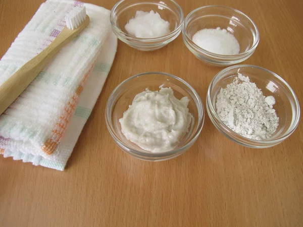 Homemade Toothpaste Coconut Oil Xylitol Chalk Powder — стоковое фото