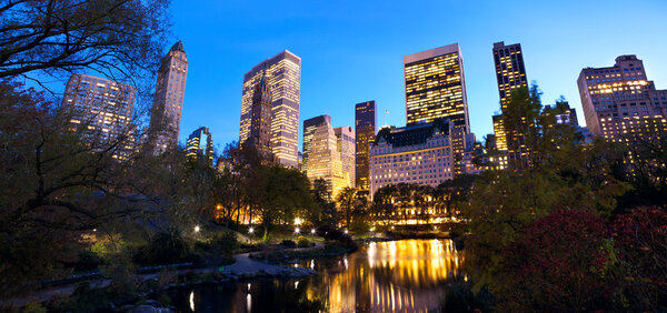 Central Park panorama and Manhattan skyline at dusk, New York City