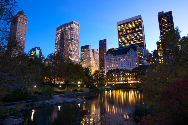 Evening view of Central Park and Manhattan skyline, New York City