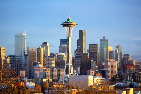 Space Needle ile Seattle siluetinin gün batımı görünümü