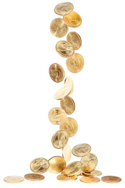 American Golden Dollars Falling White Background — Stock Photo, Image