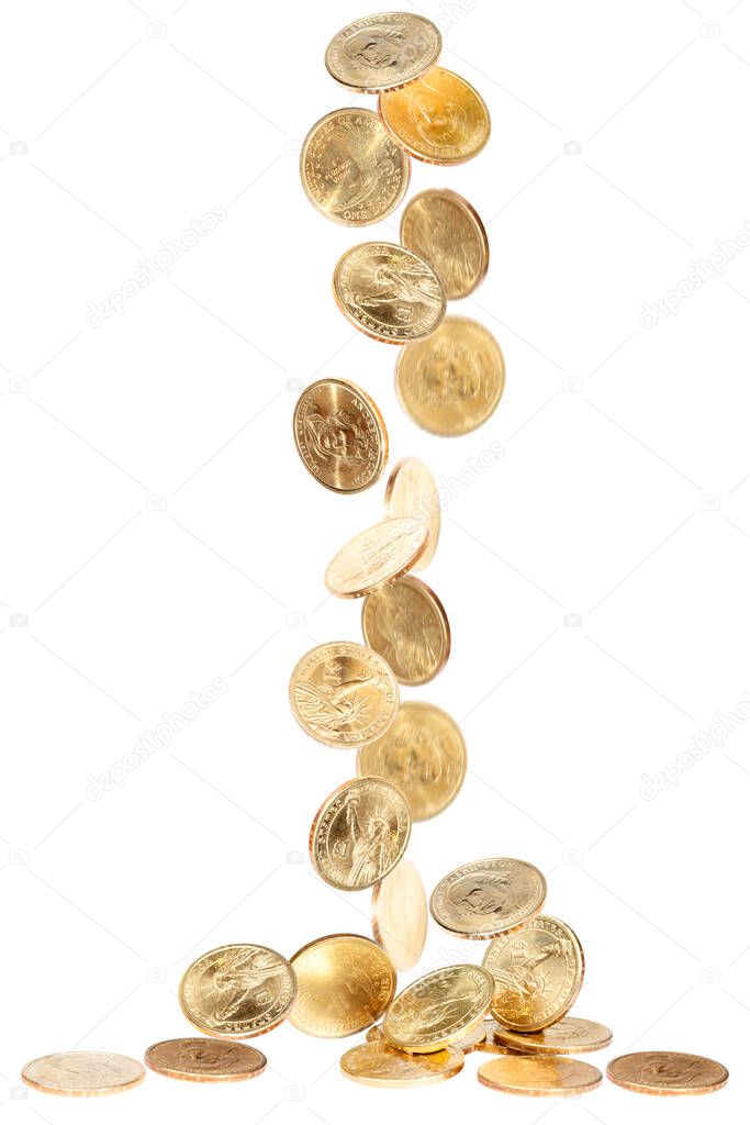 American golden dollars falling on white background