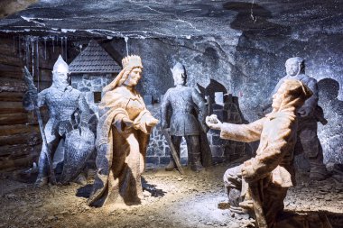 Wieliczka, Polonya - 21 Mart 2022: Wieliczka tuz madenindeki kaya tuz heykelleri