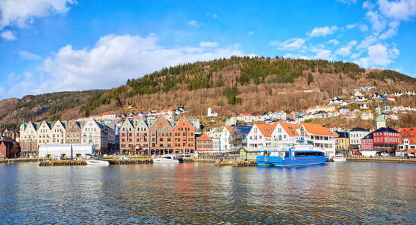 Panoramic view of historical wooden district Bryggen in Bergen, Norway