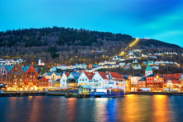 Historic Bryggen area in Bergen at dusk, Norway