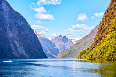 Ünlü Flam, Aurlandsfjord 'da, Sognefjord, Norveç' in bir parçası olan bir yolcu gemisinde
