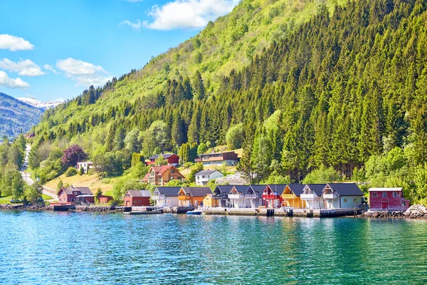 Sognefjord Landscape Tradional Colorful Wooden Houses Norway 스톡 사진