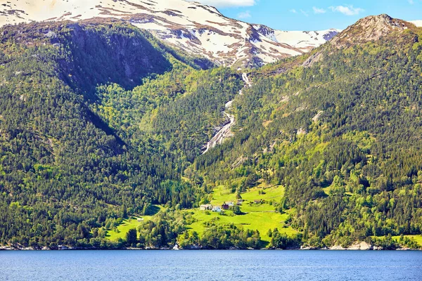 Sognefjord Landscape Small Village Norway 스톡 사진