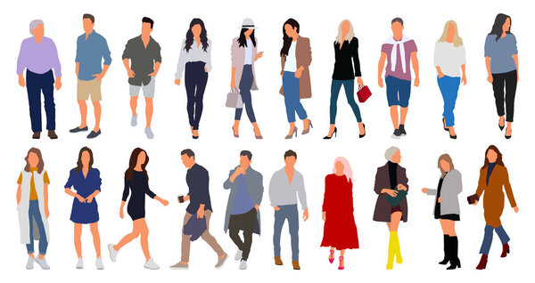 Мультфильм мужчины и женщины прогулки на открытом воздухе в городе. Плоская красочная векторная иллюстрация