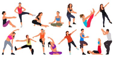 Fitness 'e katılan çizgi film insanları. Düz renkli vektör çizimi