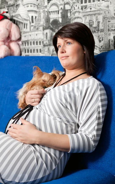 The pregnant woman sits on a sofa — Stock Photo, Image