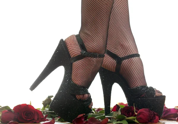 Vrouwelijke benen in zwarte schoenen — Stockfoto