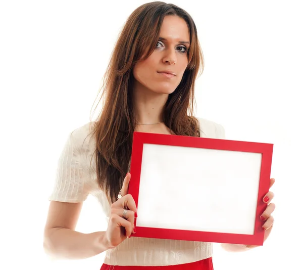 Mujer sosteniendo signo en blanco — Foto de Stock