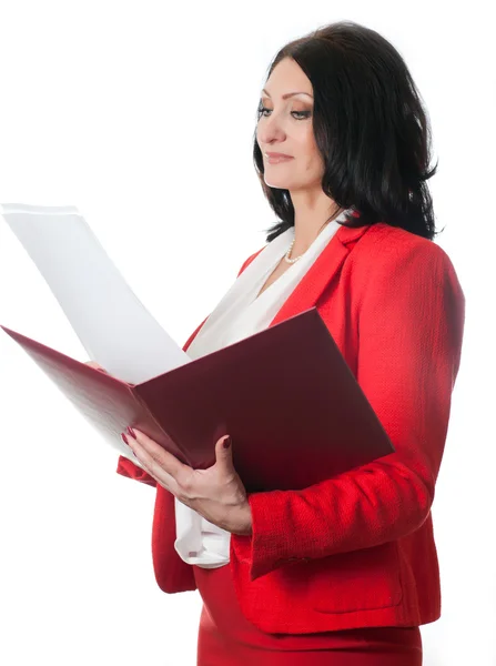 Forretningskvinne med rød mappe – stockfoto