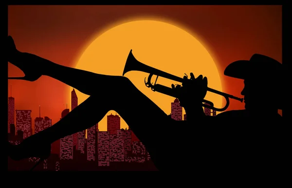在黄昏的阳光和城市的背景下 窗上站着一个吹奏着音乐号角的女人的美丽轮廓 免版税图库图片