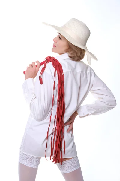 Hermosa Mujer Una Camisa Blanca Sombrero Medias Sosteniendo Whi Rojo — Foto de Stock