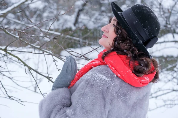 Bela Mulher Adulta Casaco Peles Chapéu Lenço Vermelho Sorri Inverno — Fotografia de Stock