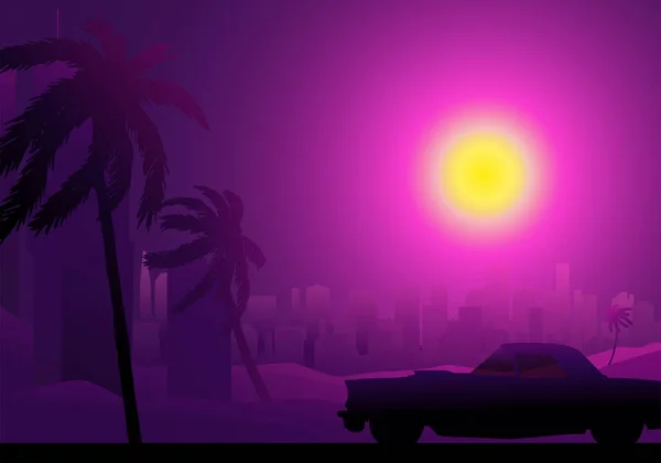 beautiful car against the backdrop of palm trees and the city drawn in retrowave style. car near the evening city against the background of the sun and purple sky.