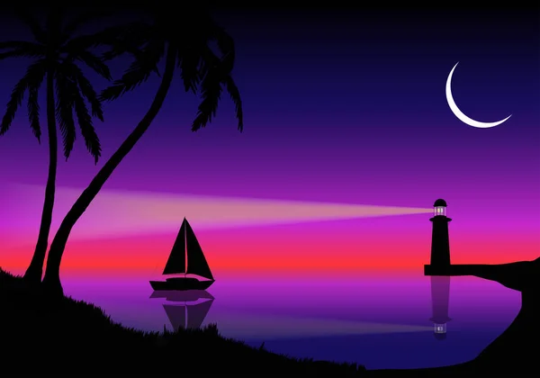 Beautiful Illustration Silhouette Palm Trees Coast Backdrop Ocean Sunset Yacht — Stock Photo, Image