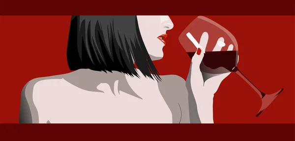 Kobieta Czarnymi Włosami Trzyma Kieliszek Wina Pobliżu Czerwonych Rozdwojonych Ust — Zdjęcie stockowe