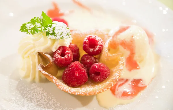 Dessert with rasperries and vanilla ice — Stock Photo, Image