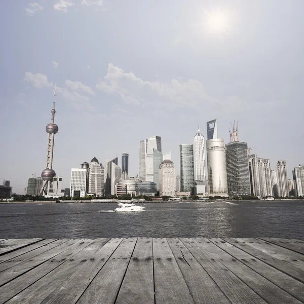 Landscape of shanghai with wooden floor — Stock Photo, Image