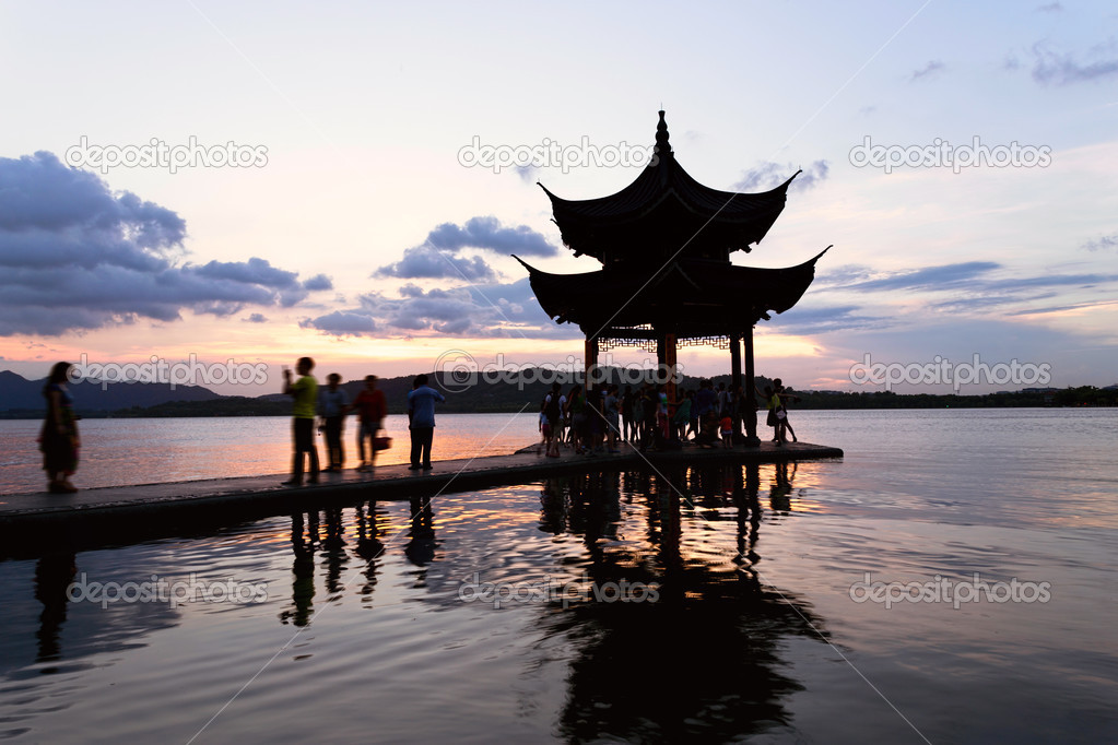 Pavilion at nightfall in west lake hangzhou China