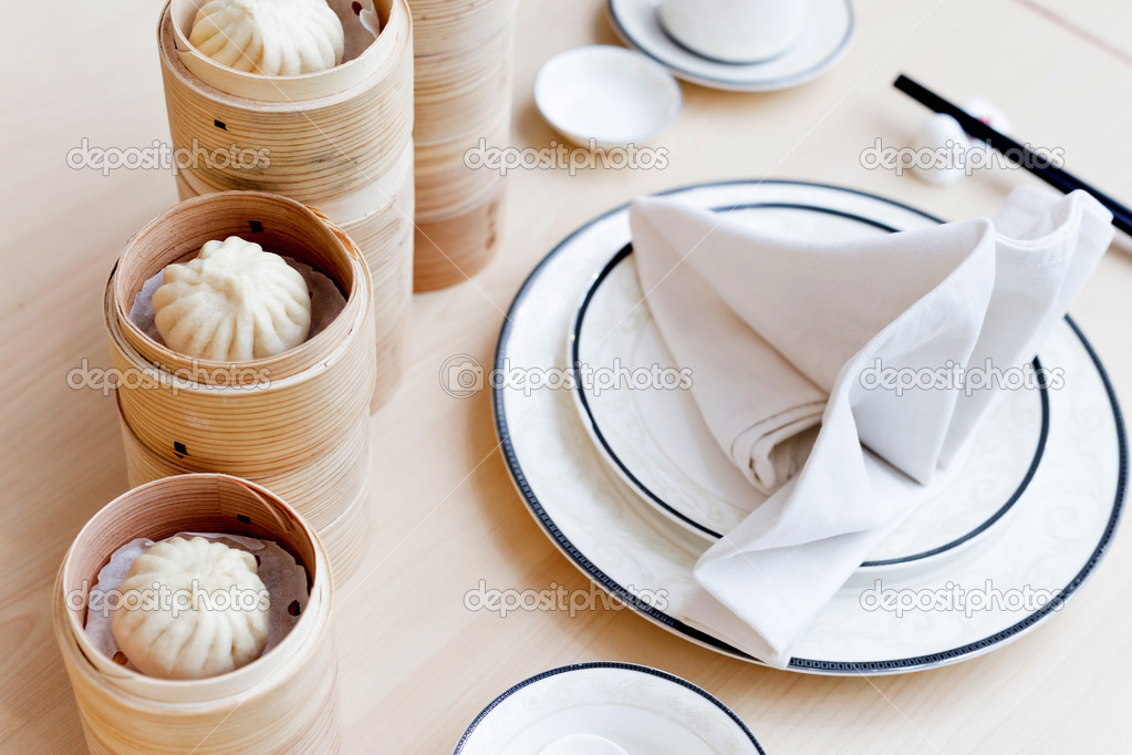 steamed Chinese bun in bamboo basket