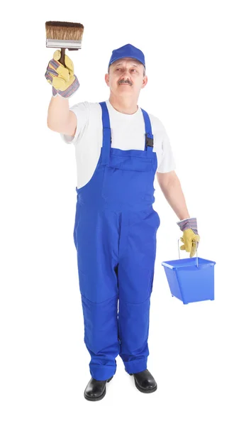 House painter with bucket and paintbrush — Stock Photo, Image