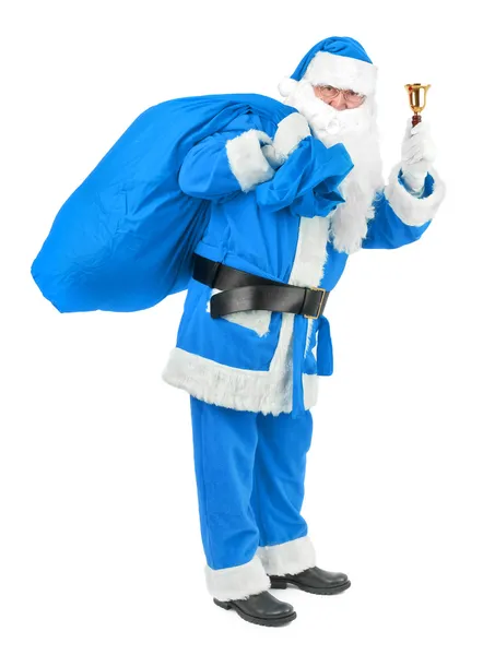 Blå jultomte med sätta en klocka på vit — Stockfoto