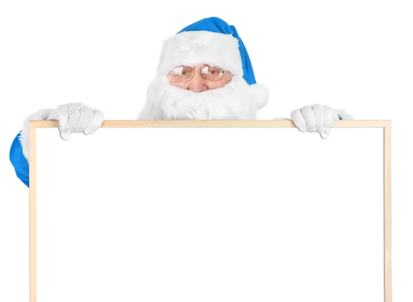 Blue Santa and empty white board — Stock Photo, Image