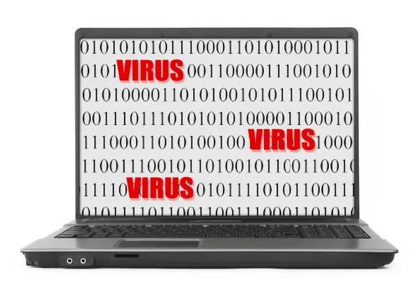 Portátil con pantalla de virus en fondo blanco — Foto de Stock