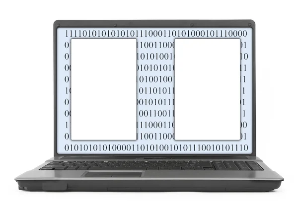 Laptop com código binário abstrato e espaço em branco — Fotografia de Stock
