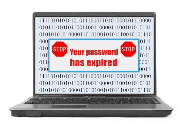 Laptop con codice binario astratto e schermata dei problemi di accesso — Foto Stock