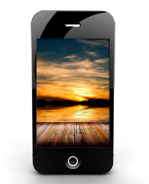 Smartphone avec coucher de soleil — Photo