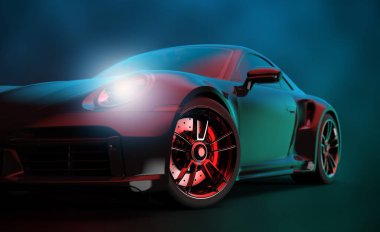 Koyu bir arka planda izole edilmiş markasız spor araba: 3D illüstrasyon