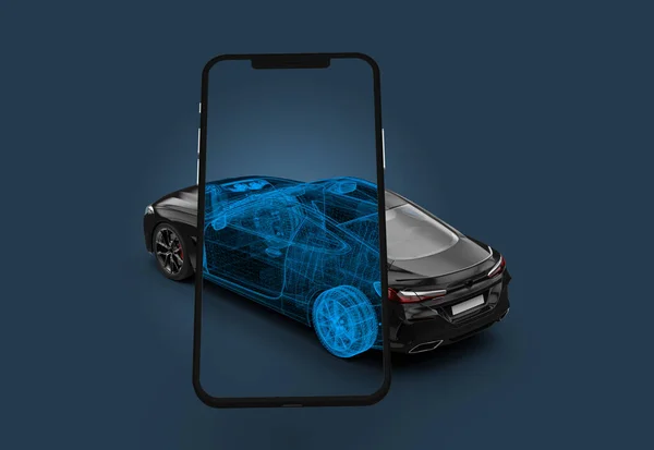 Smartphone Scannt Schwarzes Auto Das Wireframe Zeigt Illustration — Stockfoto