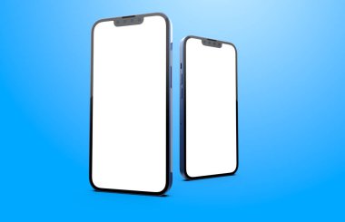 Mavi arka planda iki akıllı telefon modeli izole edilmiş.