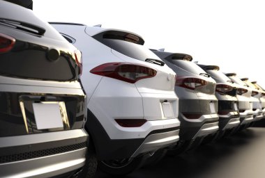 Otomobiller açık hava otoparkında, arka manzara - 3 boyutlu illüstrasyon