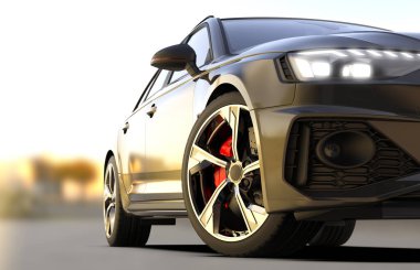 Açık havada siyah spor markasız araba: 3D illüstrasyon