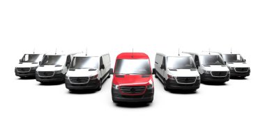 Kırmızı ticari minibüs ve beyaz kamyon filosu, ön manzara: 3D illüstrasyon