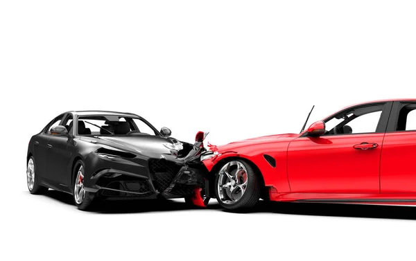 Ongeluk Tussen Twee Auto Een Rode Een Zwarte Geïsoleerd Wit — Stockfoto