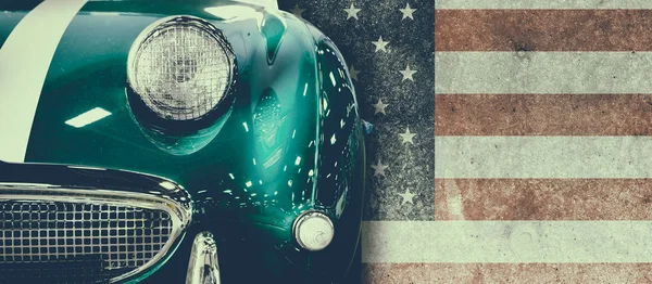 Vorderansicht Eines Oldtimers Mit Usa Flagge Hintergrund — Stockfoto