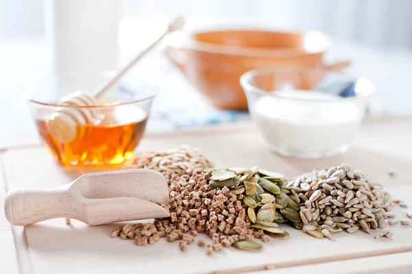 Fitness breakfast with healthy muesli and seeds