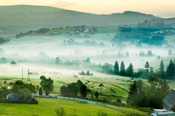 Natursköna Dimmig morgon i berg landskap — Stockfoto